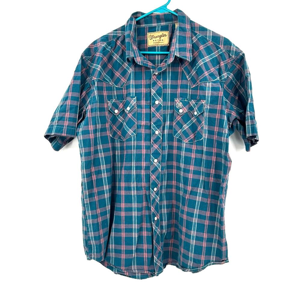 Wrangler Size XXL Shirt Blue Plaid Snap Up Western Retro Double Pocket‎ Cowboy